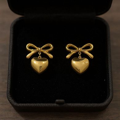 Women's Bow Stud Earrings with Metallic Heart Dangle Charm and Polished Modern Cute Design