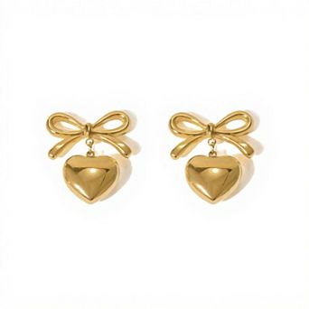 Women's Bow Stud Earrings with Metallic Heart Dangle Charm and Polished Modern Cute Design