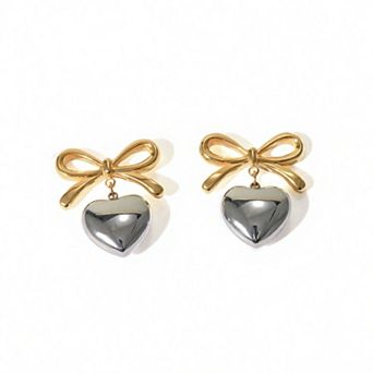 Women's Bow Stud Earrings with Metallic Heart Dangle Charm and Polished Modern Cute Design