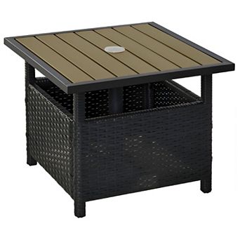 Outdoor Patio Table with Umbrella Hole, Wicker-Style, 21.75 in Square, Black or Tan