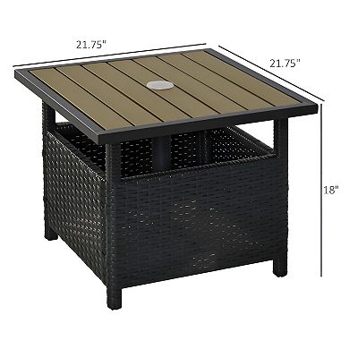 Outdoor Patio Table with Umbrella Hole, Wicker-Style, 21.75 in Square, Black or Tan