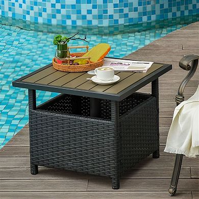 Outdoor Patio Table with Umbrella Hole, Wicker-Style, 21.75 in Square, Black or Tan