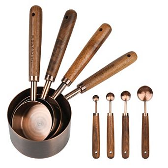 Copper Measuring Cup and Spoon Set, 8 Pieces, Stainless Steel with Wooden Handles
