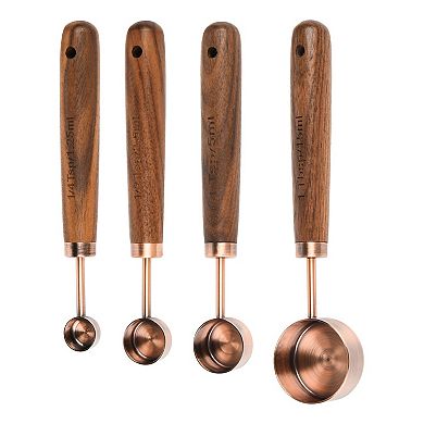 Copper Measuring Cup and Spoon Set, 8 Pieces, Stainless Steel with Wooden Handles