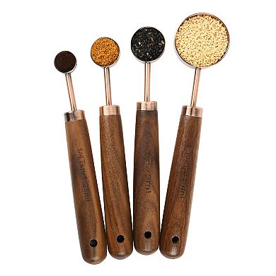Copper Measuring Cup and Spoon Set, 8 Pieces, Stainless Steel with Wooden Handles