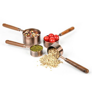 Copper Measuring Cup and Spoon Set, 8 Pieces, Stainless Steel with Wooden Handles