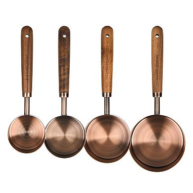 Copper Measuring Cup and Spoon Set, 8 Pieces, Stainless Steel with Wooden Handles