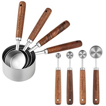 Copper Measuring Cup and Spoon Set, 8 Pieces, Stainless Steel with Wooden Handles