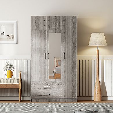 Pnronnc 3 Door Wardrobe Closet with Mirror Top Cabinet Drawer and Hanging Rail