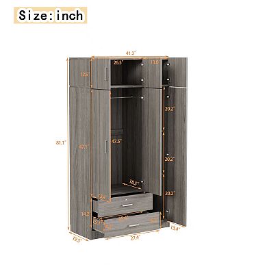 Pnronnc 3 Door Wardrobe Closet with Mirror Top Cabinet Drawer and Hanging Rail