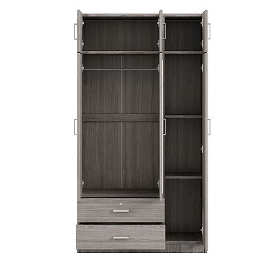 Pnronnc 3 Door Wardrobe Closet with Mirror Top Cabinet Drawer and Hanging Rail