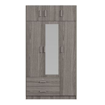 Pnronnc 3 Door Wardrobe Closet with Mirror Top Cabinet Drawer and Hanging Rail
