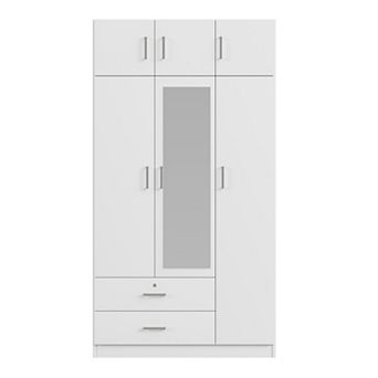 Pnronnc 3 Door Wardrobe Closet with Mirror Top Cabinet Drawer and Hanging Rail