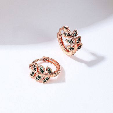 Women's Leaf - Shaped Hoop Earrings with Green Crystals