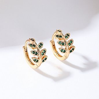 Women's Leaf - Shaped Hoop Earrings with Green Crystals