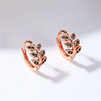 Women's Leaf - Shaped Hoop Earrings with Green Crystals
