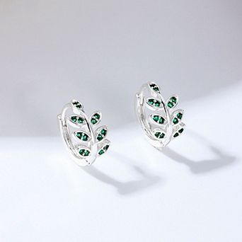 Women's Leaf - Shaped Hoop Earrings with Green Crystals