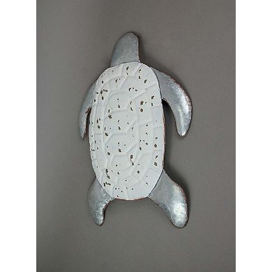 Galvanized Zinc Finish Metal Sea Turtle Wall Hanging With Painted Shell