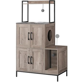 Multi Level Cat Litter Box Enclosure Cabinet with Cat Tower and Scratch Panel