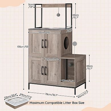 Multi Level Cat Litter Box Enclosure Cabinet with Cat Tower and Scratch Panel