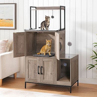 Multi Level Cat Litter Box Enclosure Cabinet with Cat Tower and Scratch Panel