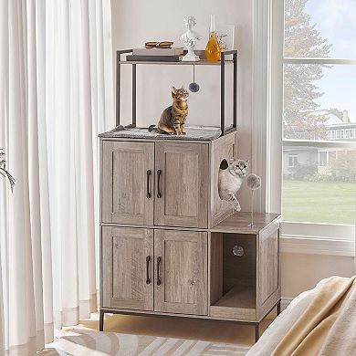 Multi Level Cat Litter Box Enclosure Cabinet with Cat Tower and Scratch Panel