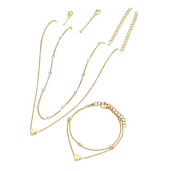 Women's Layered Necklace and Bracelet Set with Heart Charms and Pearl Accents