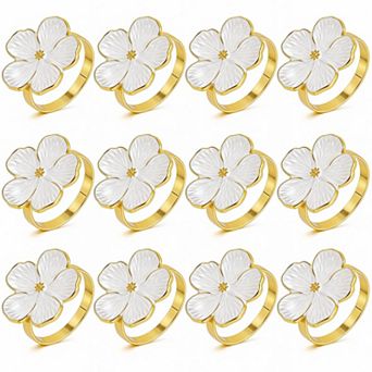 Set of 12 White Plumeria Napkin Rings, Metal Gold Table Decoration