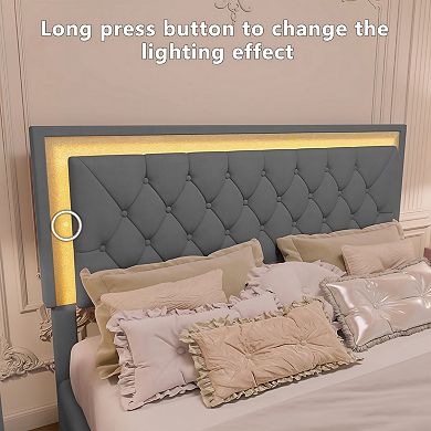 Pnronnc Queen Upholstered Bed Frame Velvet Platform Bed with LED Tufted Headboard No Box Spring