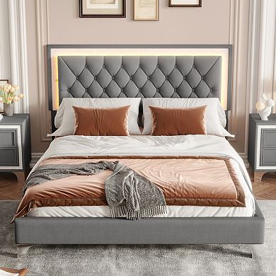 Pnronnc Queen Upholstered Bed Frame Velvet Platform Bed with LED Tufted Headboard No Box Spring
