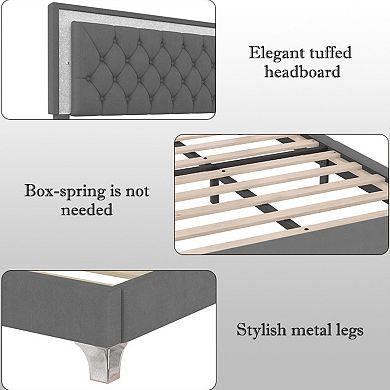 Pnronnc Queen Upholstered Bed Frame Velvet Platform Bed with LED Tufted Headboard No Box Spring