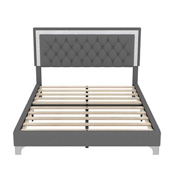Pnronnc Queen Upholstered Bed Frame Velvet Platform Bed with LED Tufted Headboard No Box Spring