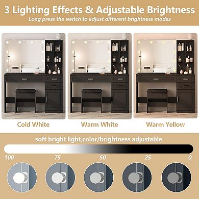 Vanity Desk with Lighted Mirror,Glass Top Makeup Table with Charging Station & 3 Drawers for Bedroom