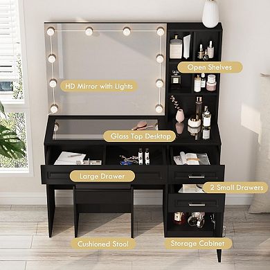 Vanity Desk with Lighted Mirror,Glass Top Makeup Table with Charging Station & 3 Drawers for Bedroom