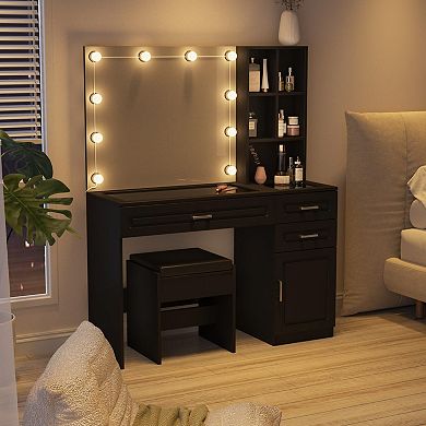 Vanity Desk with Lighted Mirror,Glass Top Makeup Table with Charging Station & 3 Drawers for Bedroom