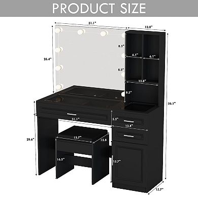 Vanity Desk with Lighted Mirror,Glass Top Makeup Table with Charging Station & 3 Drawers for Bedroom