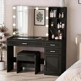 Vanity Desk with Lighted Mirror,Glass Top Makeup Table with Charging Station & 3 Drawers for Bedroom