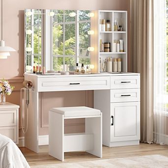 Vabches Makeup Vanity Desk with Lighted Mirror, Glass Top, 3 Drawers & Storage Cabinet