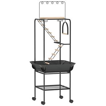 PawHut 64inchH Rolling Bird Playground Parrot Stand with Seed Guard & Wheels