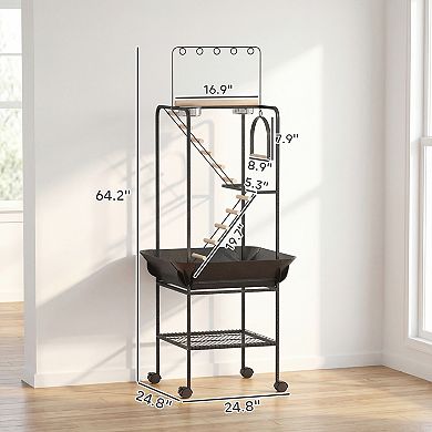 PawHut 64inchH Rolling Bird Playground Parrot Stand with Seed Guard & Wheels