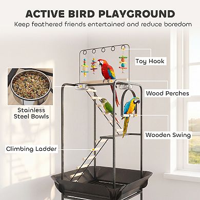 PawHut 64inchH Rolling Bird Playground Parrot Stand with Seed Guard & Wheels