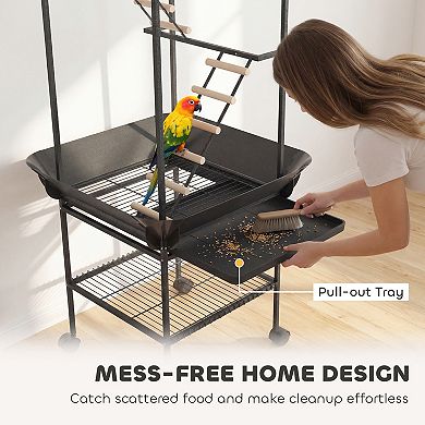 PawHut 64inchH Rolling Bird Playground Parrot Stand with Seed Guard & Wheels