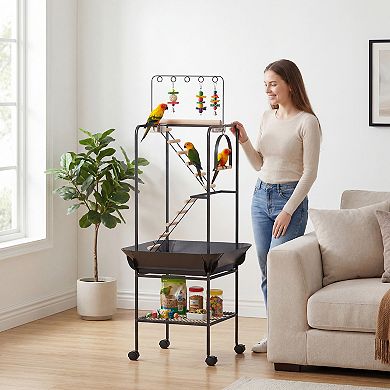 PawHut 64inchH Rolling Bird Playground Parrot Stand with Seed Guard & Wheels