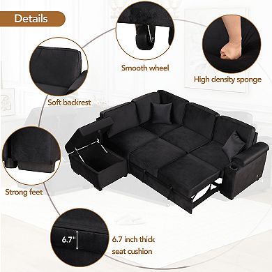 Pnronnc Modern L Shaped Sofa, Velvet Sleeper Sofa Bed Pull Out Couch with Storage Ottoman