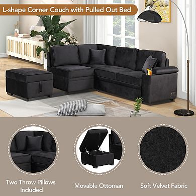 Pnronnc Modern L Shaped Sofa, Velvet Sleeper Sofa Bed Pull Out Couch with Storage Ottoman