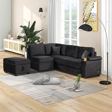 Pnronnc Modern L Shaped Sofa, Velvet Sleeper Sofa Bed Pull Out Couch with Storage Ottoman