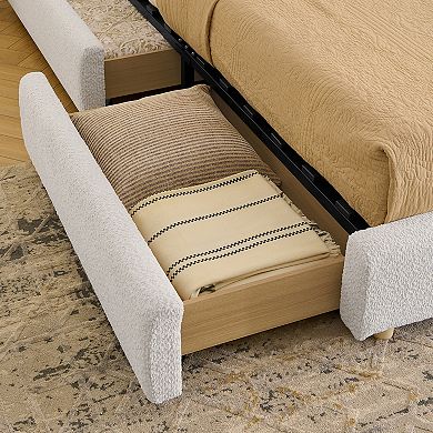 Pnronnc King Size Platform Bed Frame Fabric Upholstered Bed with Curved Headboard, 4 Storage Drawers