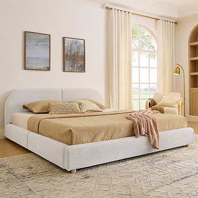 Pnronnc King Size Platform Bed Frame Fabric Upholstered Bed with Curved Headboard, 4 Storage Drawers