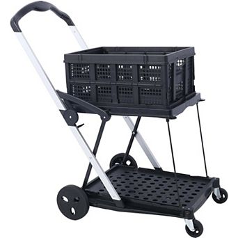 2 tier Folding Shopping Cart with Basket Heavy Duty Collapsible Utility Cart with Wheels