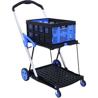 2 tier Folding Shopping Cart with Basket Heavy Duty Collapsible Utility Cart with Wheels